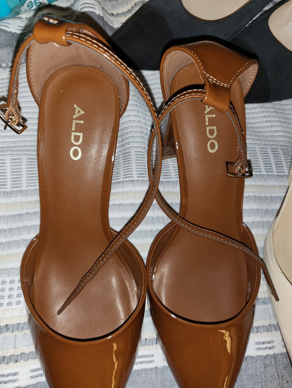Aldo Brown Patent Pointed-Toe Ankle-Strap Heels